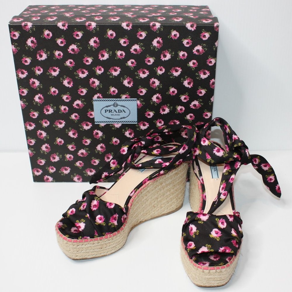 Prada Platform Wedge Espadrille Sandal Shoes in Black Floral size EU 40 or US 10